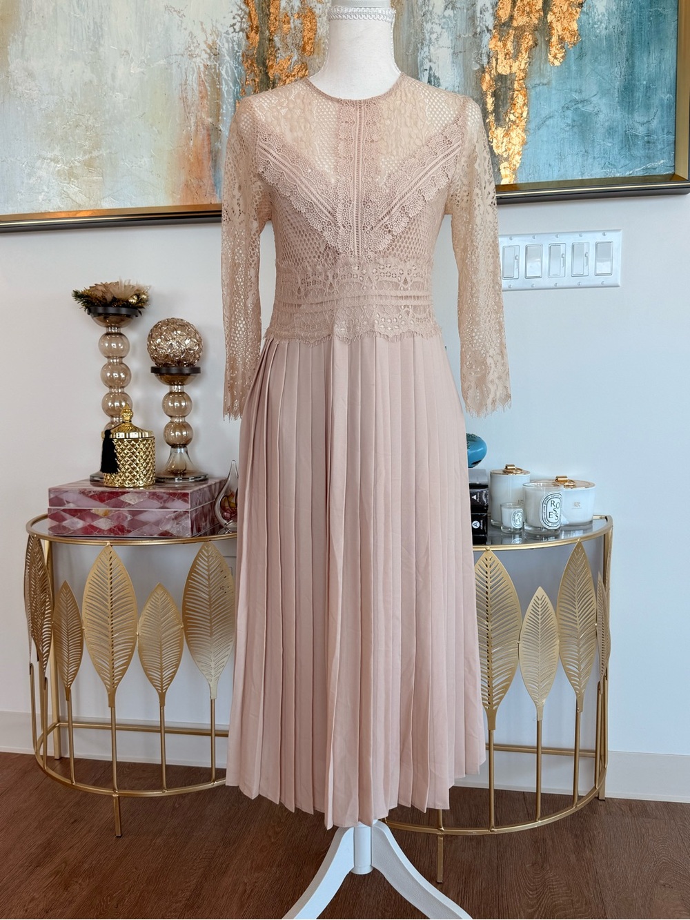 Women's Blush Lace Bodice Pleated Midi Dress